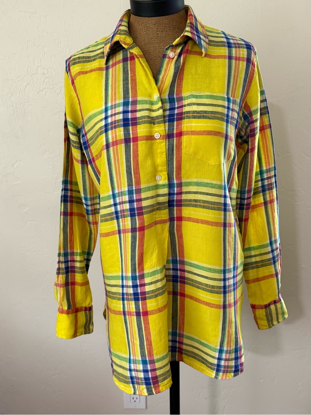 Lauren Ralph Lauren yellow plaid 100% linen long sleeve boyfriend shirt Medium